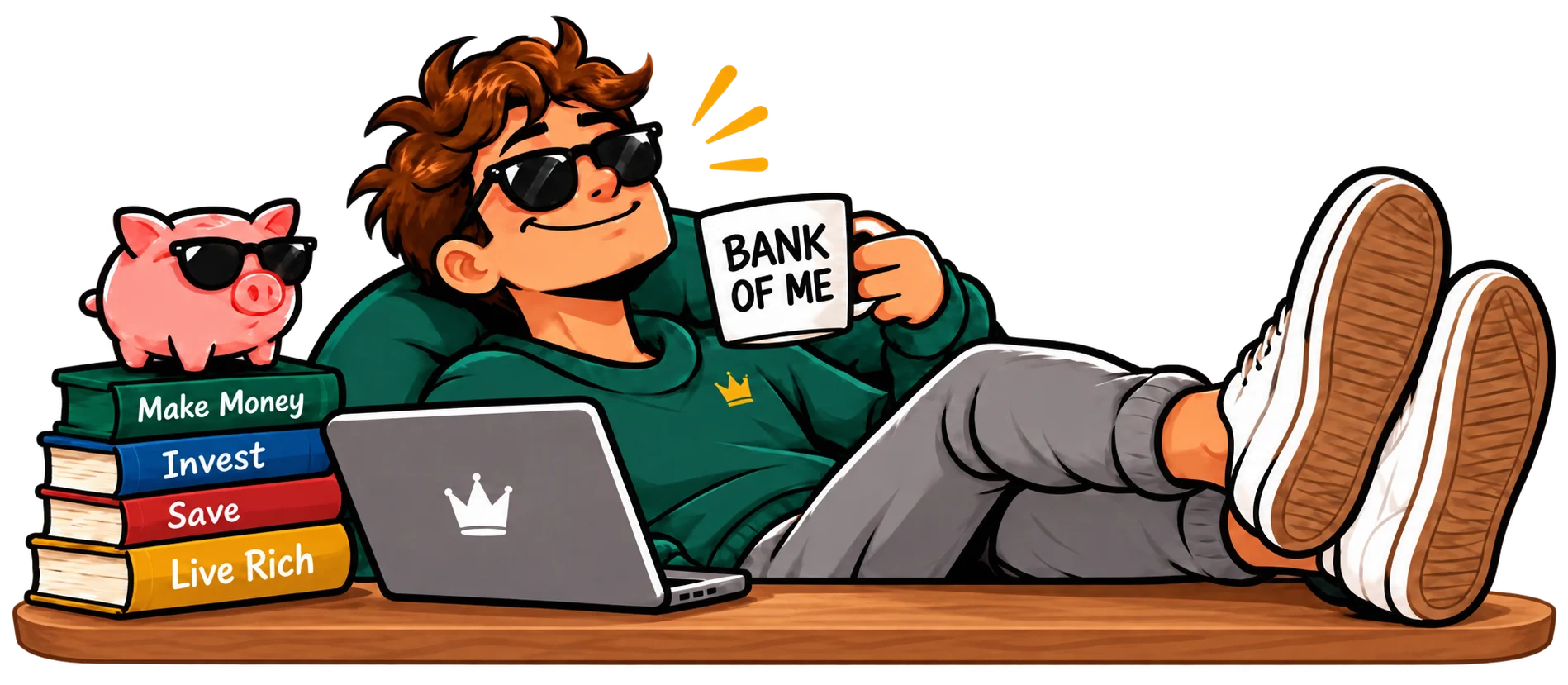 BrokeRichKid mascot with sunglasses, a Bank of Me mug, money books and feet on the desk