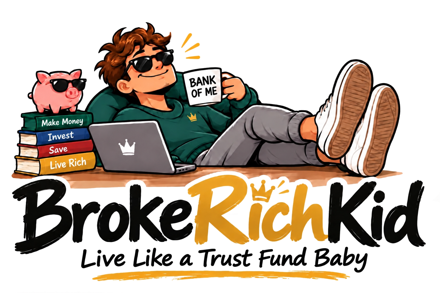 Original BrokeRichKid mascot illustration: a laid-back character in sunglasses with money books, piggy bank, and laptop